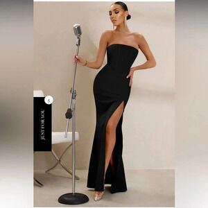 Club L London Daphne black satin open slit maxi dress